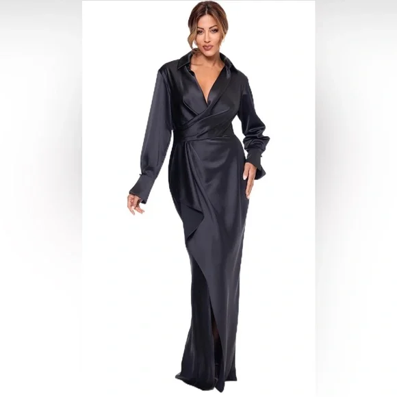 Elegant Black Satin Wrap Dress - Picture 1 of 3